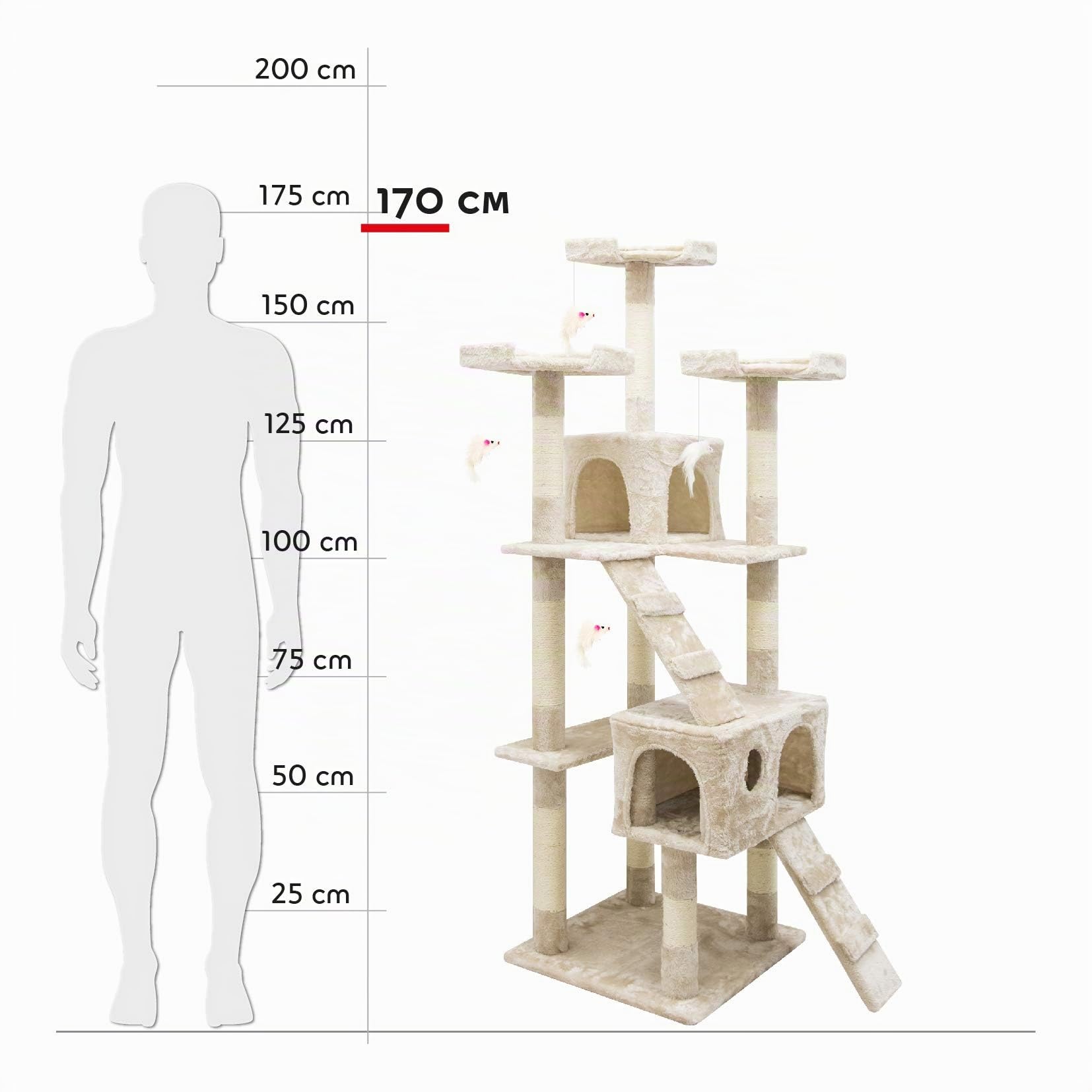 Albero per Gatto con Graffiatoio Cuccia Giocattolo Gatti Parco Giochi Tiragraffi in Sisal Naturale 170 x 49 x 49 cm (Colore Beige Conan 30055)