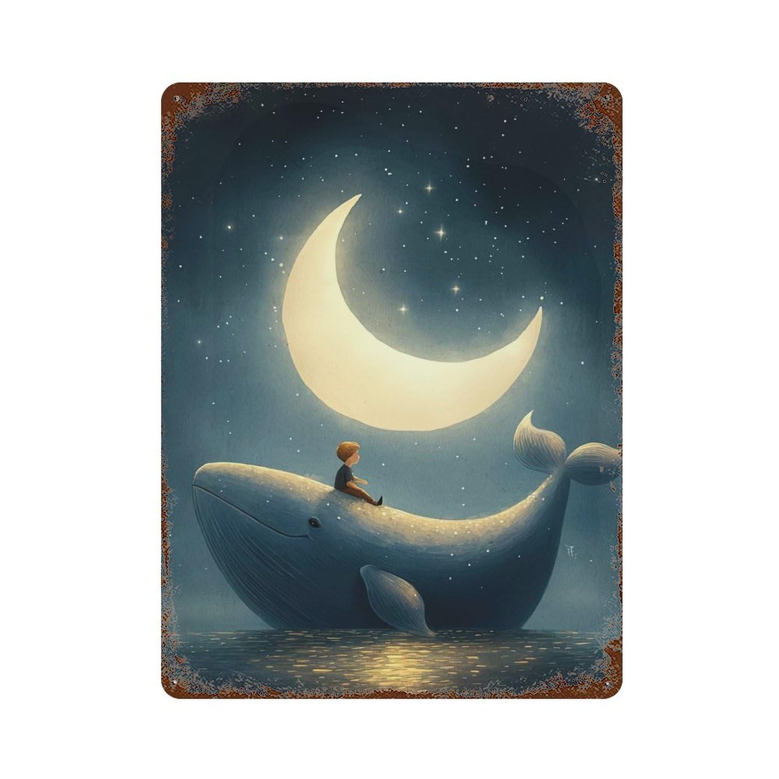 Rust Effect Whale Crescent Moon Aged Metal Wall Plaque 15.7"x11.8", Farmhouse Wall Decor for Office, Studio And Wall Decor