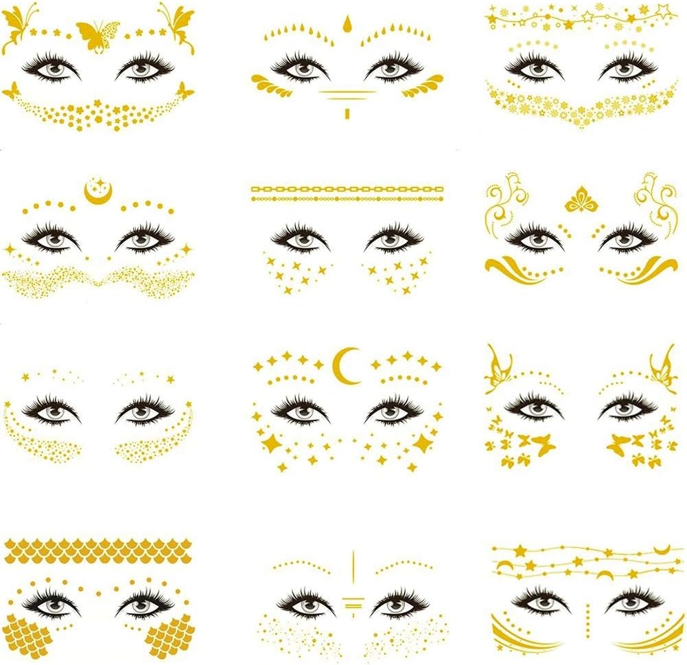 Halloween Golden Temporary Face Tattoo Set for Women Girls Make up, 12 Sheets Metallic Glitter Face Jewels Stickers for Adults Shiny Tattoos for Rave Costume Party Musical Festivals