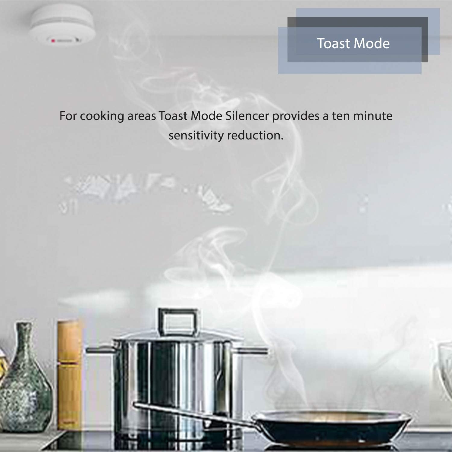 Kitchen scene with smoke alarm and 'Toast Mode' text overlay