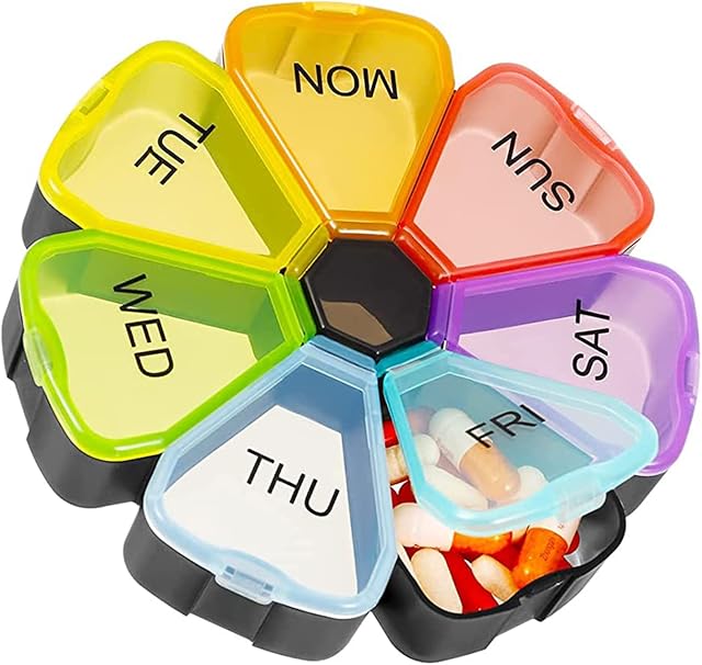 Weekly Pill Organizer, Large Daily Pill Case Portable Travel 7 Day Pill Box Dispenser with Large Compartments for Pills Vitamins Fish Oil, Rainbow Color