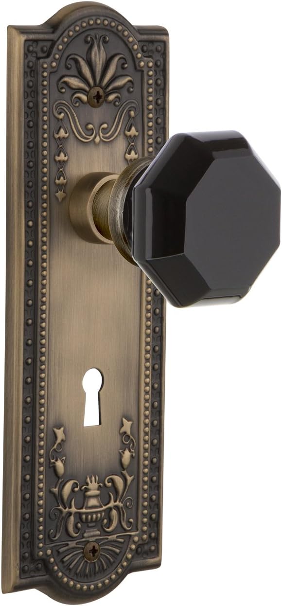 Nostalgic Warehouse 725597 Meadows Plate with Keyhole Privacy Waldorf Black Door Knob, Antique Brass, Privacy - 2.75