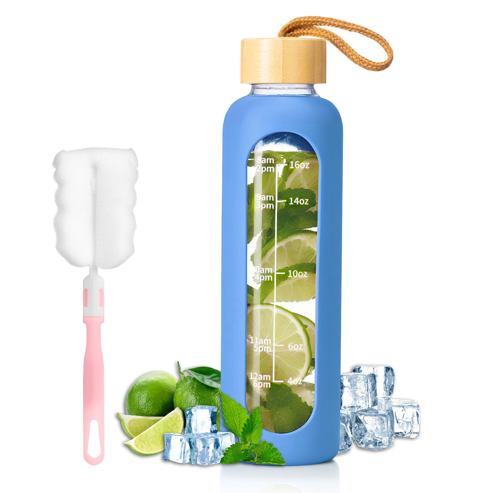 FrutPunch Glass Water Bottle, 500ml Water Bottle with Time Markings, Leakproof Glass Water Bottle with Silicone Sleeves, Suitable for Offices and Gyms, Blue โ image 1