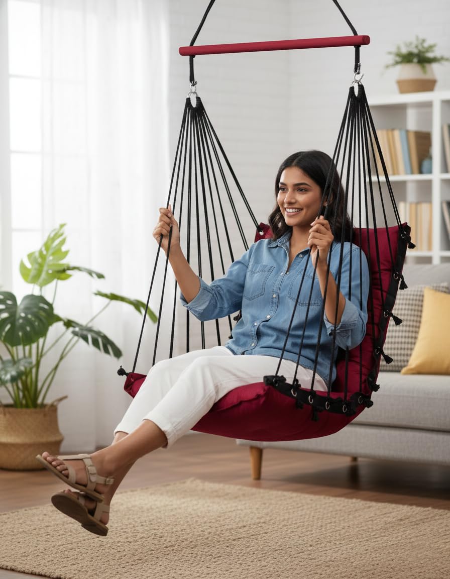 Patiofy Swing for Balcony/Jhula for Adults for Home/Swing for Home/Wooden Swing Indoor/Hammock Swing Chair/Suitable for Indoor & Outdoor/ 120Kgs Weight Bearing Capacity (Burgundy)-image-20