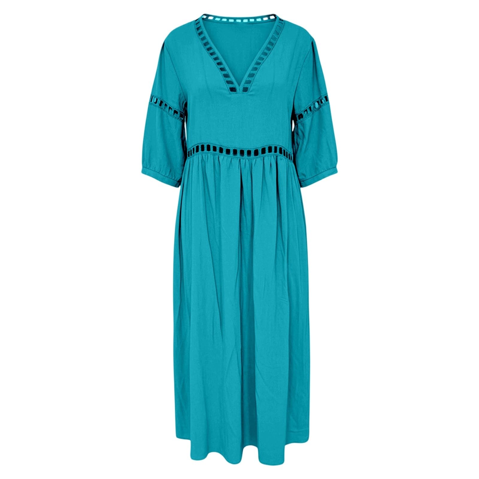 Vestito Lino Donna Estivo Abito Estivo da Donna a Maniche a 3/4, Abito Casual con Scollo V, in Cotone, Camicetta, Casual, Abiti Tunica Bianco Lungo