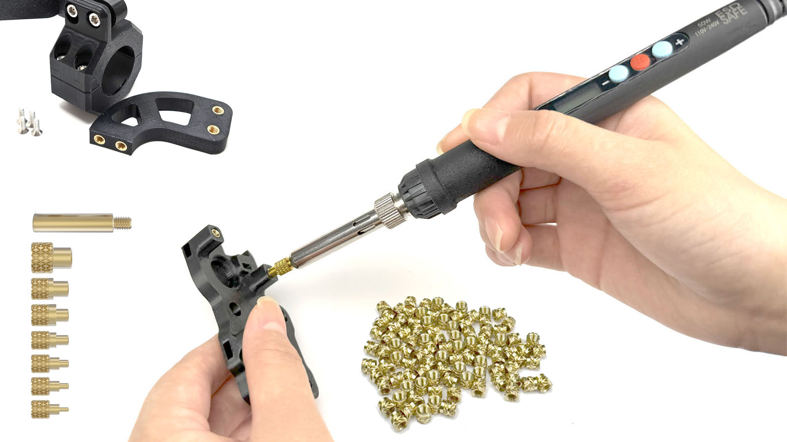 Image of 60W Digital Soldering Iron Heat Set Insert Tool with Heat Set Insert Tips and 100 Pcs M3x4x4.5 Threaded Inserts