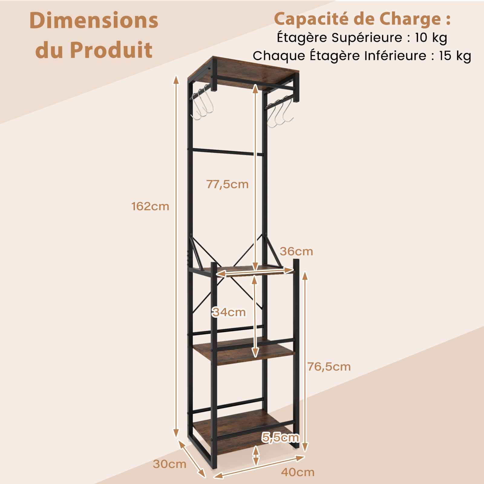 COSTWAY Porte-Manteau sur Pieds, Portant a Vetement avec Étagère à Chaussures, 6 Crochets, 3 Tringles à Vêtements, Cadre en Métal, Meuble d'Entrée Vestiaire Industriel, pour Entrée, Couloir, Chambre