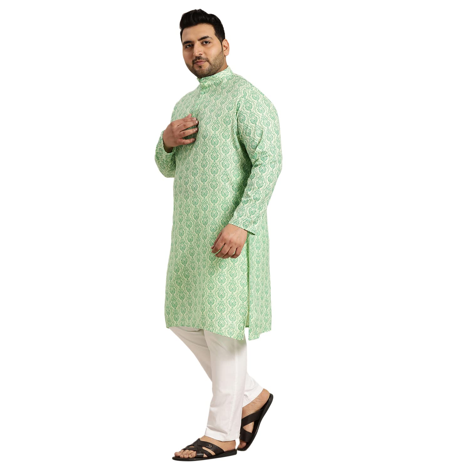 Sojanya Plus (Since 1958) Men's Cotton Blend Pista Green Printed Kurta And White Pyjama Set