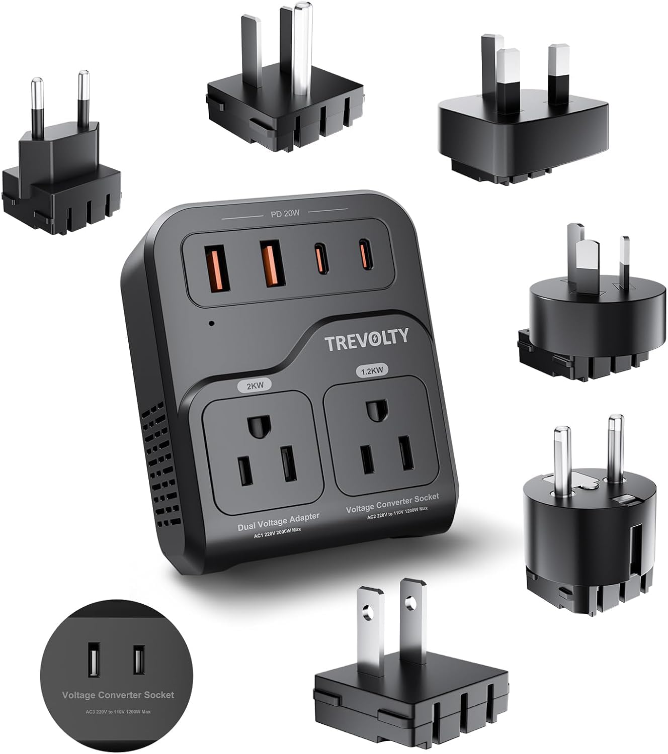 2000w voltage converter us to europe, 220v to 110v converter for european travel with 3ac/2usb-a/2usb-c (pd20w), travel essentials with type c g plug (black)