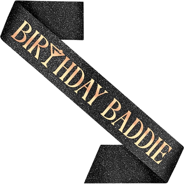 Image of PartyForever Birthday Baddie Sash - Black Glitter Sash with Rose Gold Letters & Martini Icon + Luxe Pearl Pin | Birthday Sash for Women 21st 30th 40th 50th 60th | Extra Long & Glam