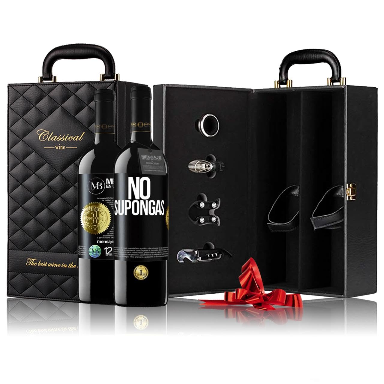 «No supongas» Mensaje en una Botella. Estuche-Maletín de LUJO 2x Vino Tinto Premium Reserva 12 Meses y Set de 4 Accesorios. Etiqueta Negra PERSONALIZABLE