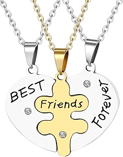 Ibohevo 3 Best Friends Forever Necklace Rhinestone Friendship BFF Pendant Three Engraved Puzzle Heart Shape Matching Gold Silver Alloy Necklaces Set