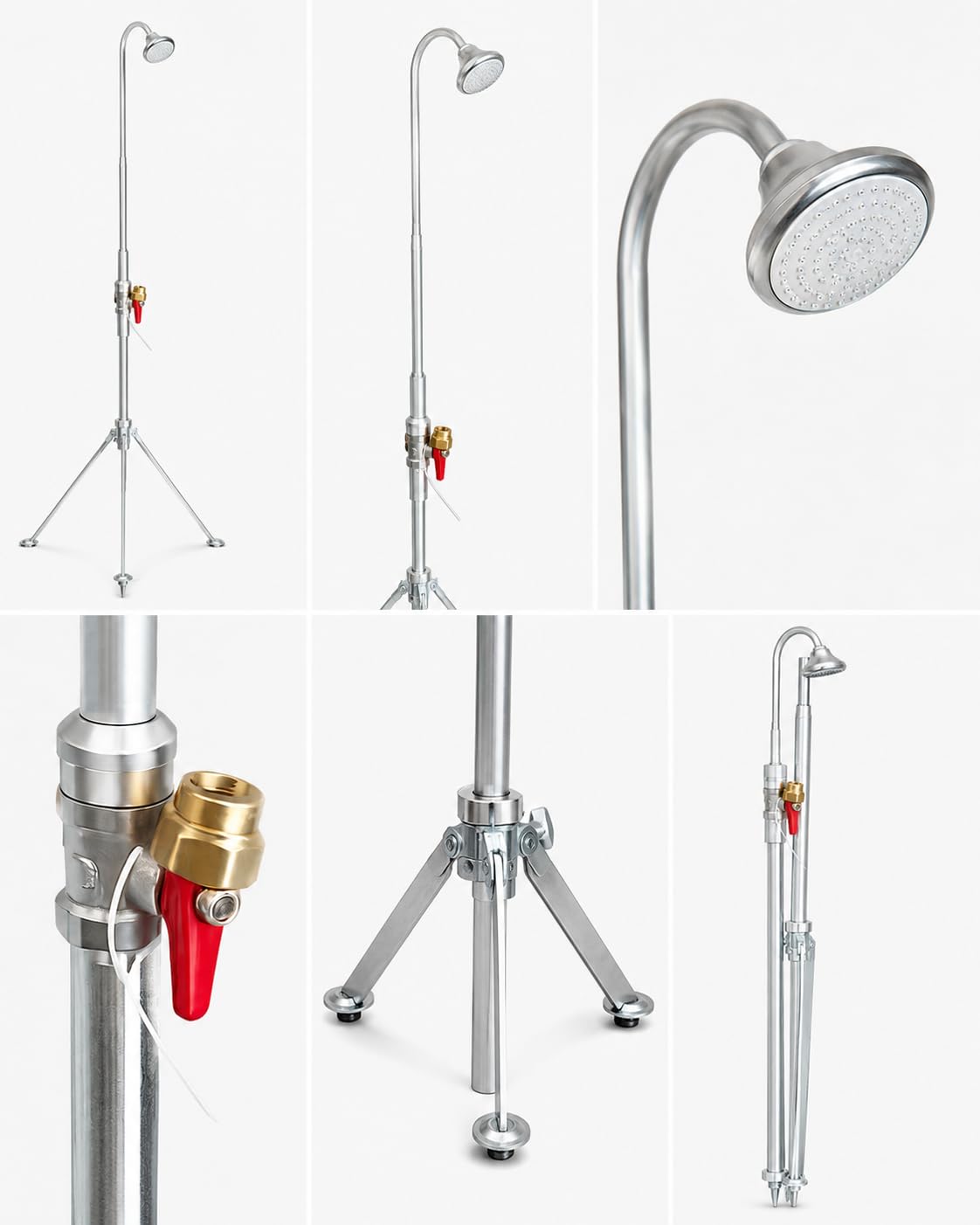 Mobile Gartendusche aus Aluminium und Messing, mit Dreibein-Teleskopstativ, höhenverstellbar 180–230 cm, 3/4-Anschluss