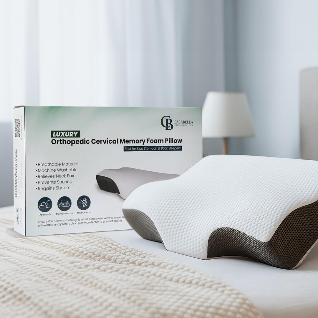 Casabella Memory Foam Neck Pillow - Orthopedic Pillow for Neck & Shoulder Pain Relief - Cervical Ergonomic Contour Support for Side Sleepers, Back & Stomach Sleepers with Removable Washable Cover