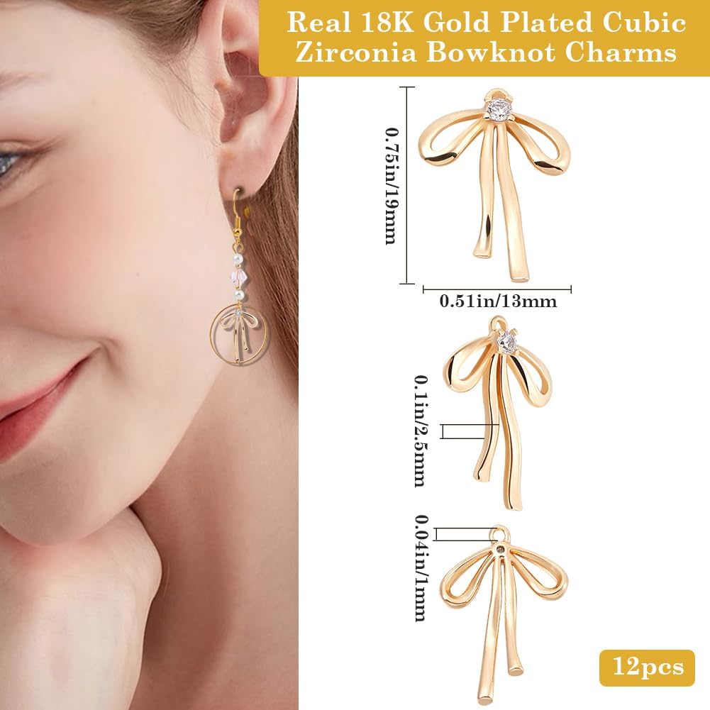 Beebeecraft 1 Box 12Pcs Small Bowknot Charms Real 18K Gold Plated Cubic Zirconia Hollow Bow Tie Pendant Charm for Jewelry Making Supplies Bracelet Necklace DIY Craft, 0.75x0.51 Inch - Image 2