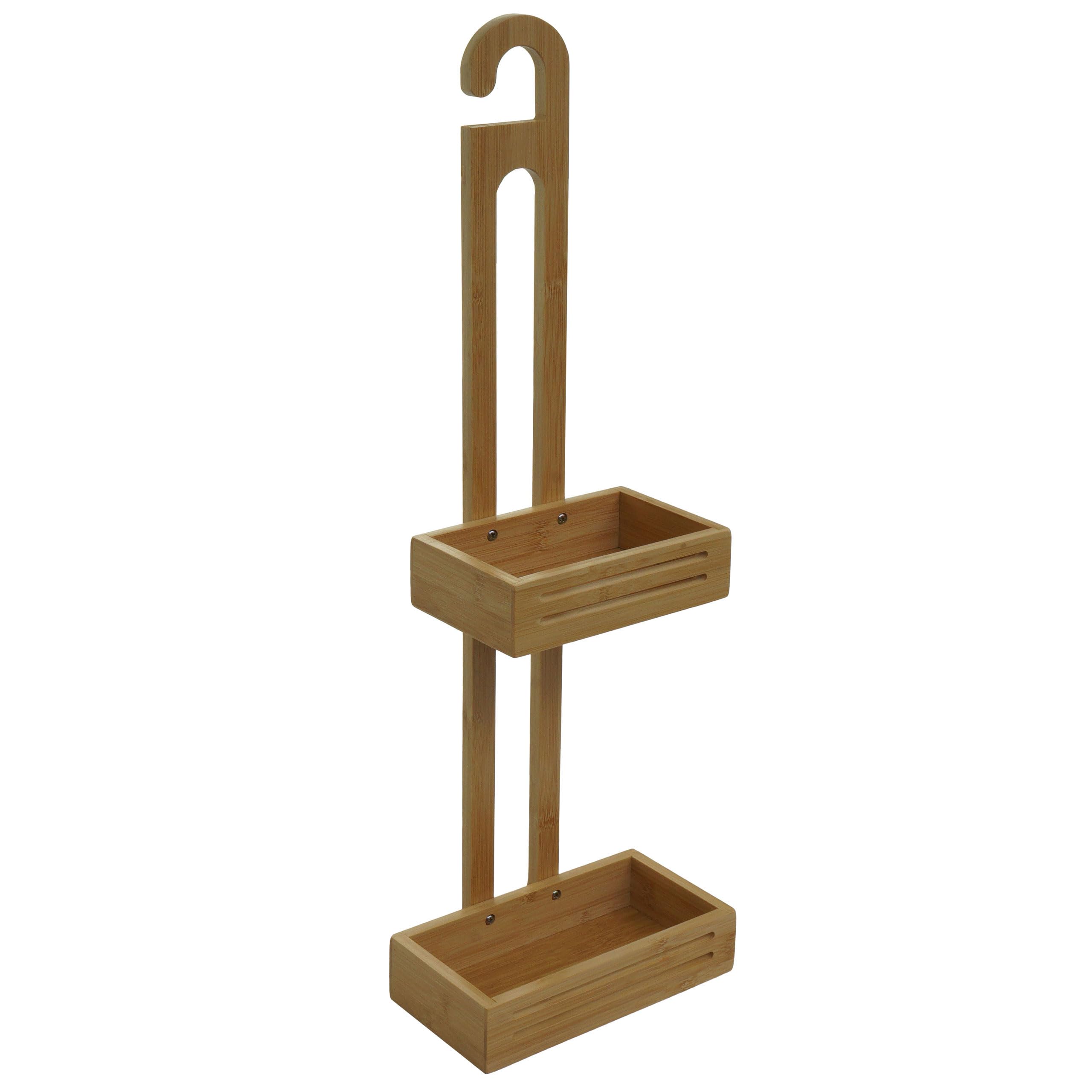 Mensola con 2 cestelli portaoggetti da Appendere Sapone Bagno Doccia HWC-M23 Legno bambù 69x22x13cm