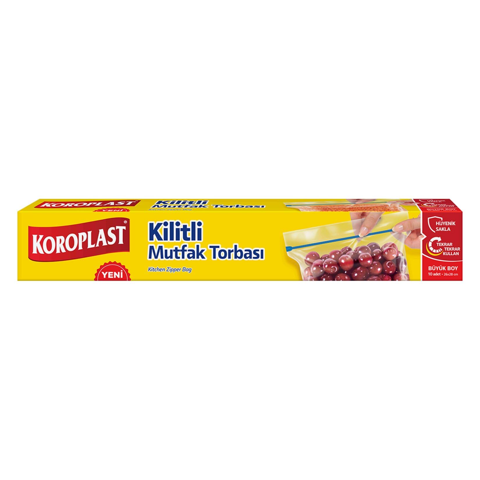 Koroplast Kilitli Mutfak Torbası Büyük Boy 10'lu 26x28 cm, Tekrar Kullanılabilir & Hava Geçirmez, Dayanıklı Saklama Poşeti, Buzdolabı,Meyve & Sebze, Et, Tavuk, Balık, Sos & Sıvı Yiyecekler İçin