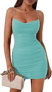 Women's Ruched Bodycon Mini Dress Summer Spaghetti Strap Party Club Dresses - Buy now