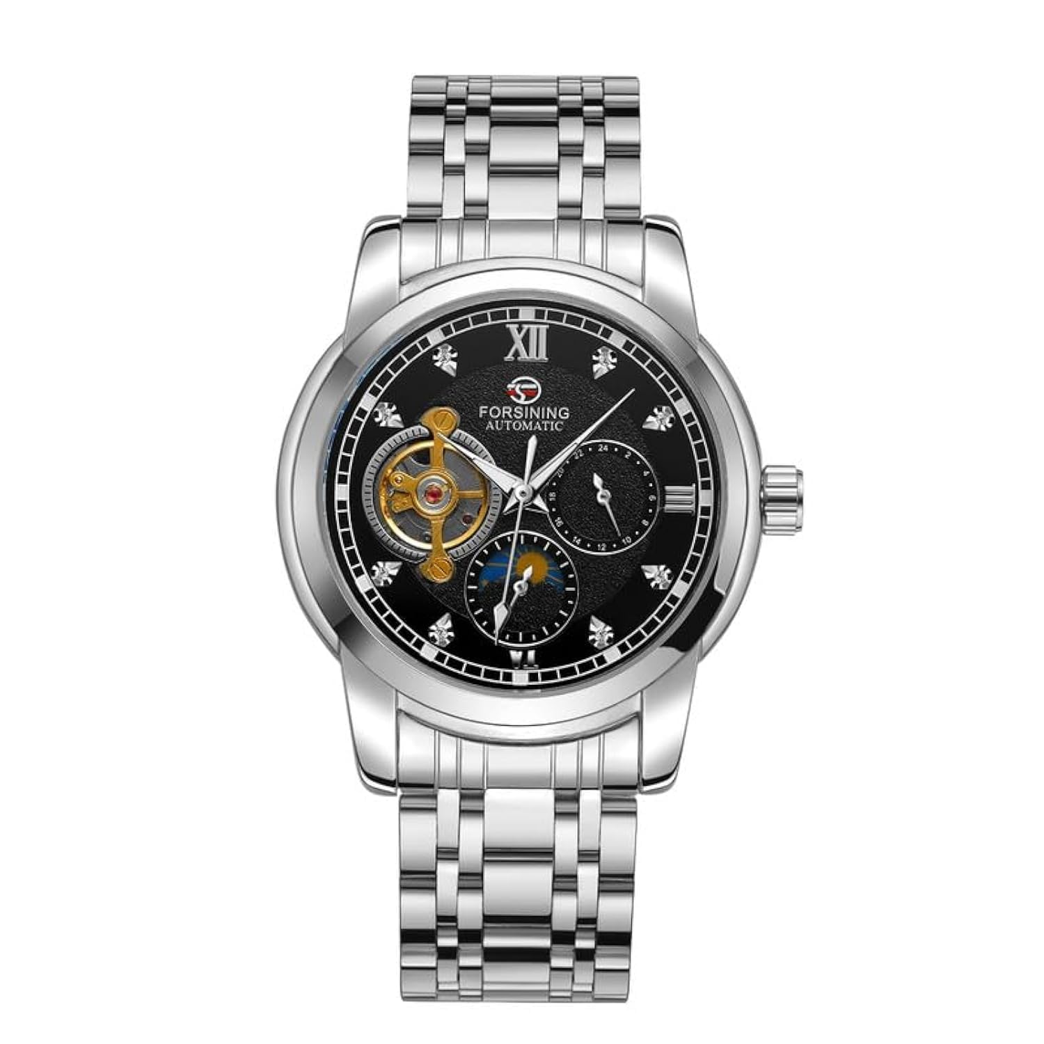 FORSINING Stainless Steel Tourbilion Moon Phase Automatic Mechanical Analog Steel Band Mens Watch - Fsg6922,Dial-Black, Band- Silver (B0CCVBVWC4) Amazon Price History, Amazon Price Tracker