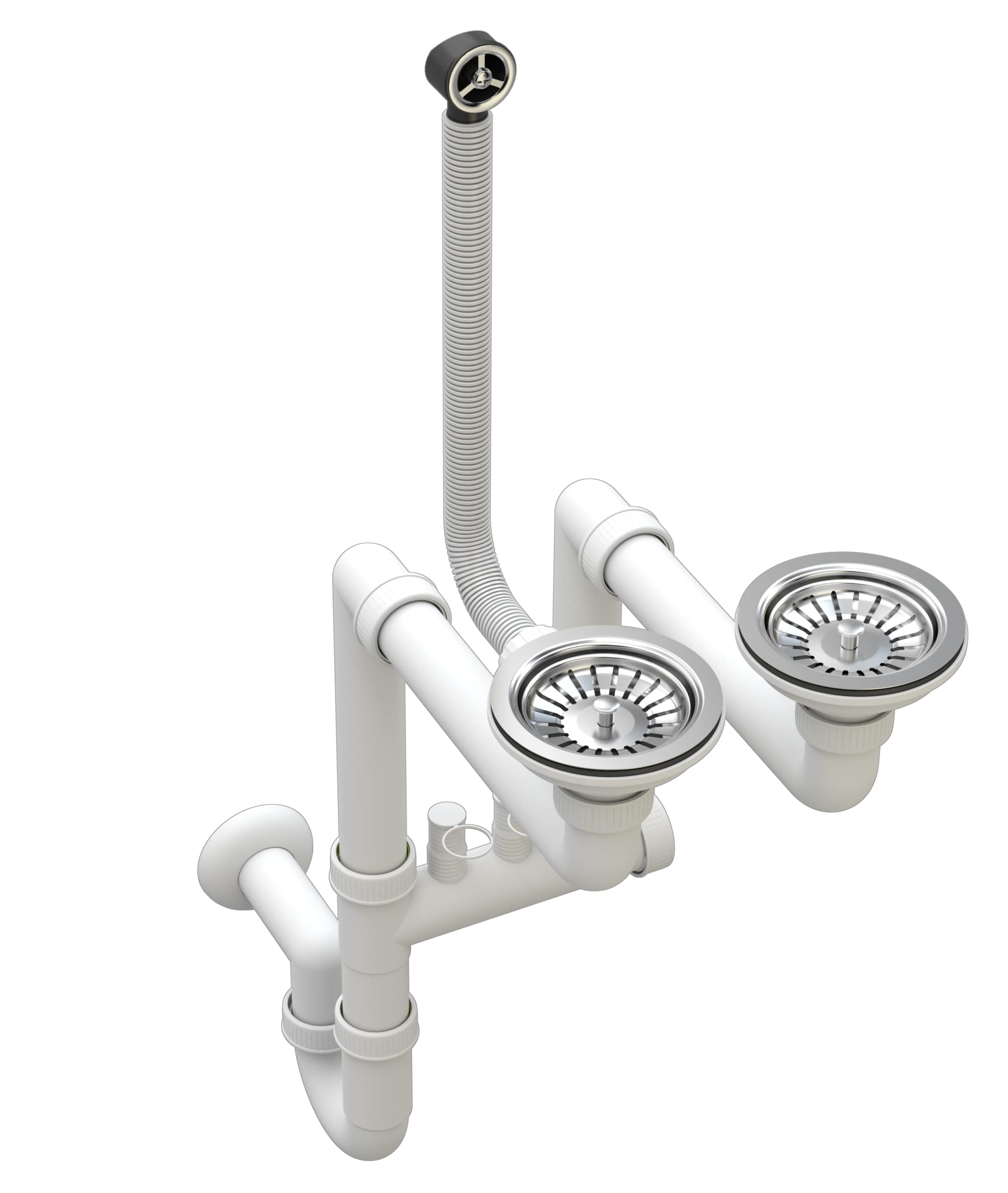 Scarico Lavandino Cucina - Sifone Lavandino - Sifone Lavello Cucina con Attacco per Lavastoviglie - Scarichi 115 mm (3 1/2) - Scarico per 2 vasche - Bianco/Cromo - Classico - Granitan | Set con attacco per lavastoviglie, ø 115 mm, scarico per 2 vasche, cr