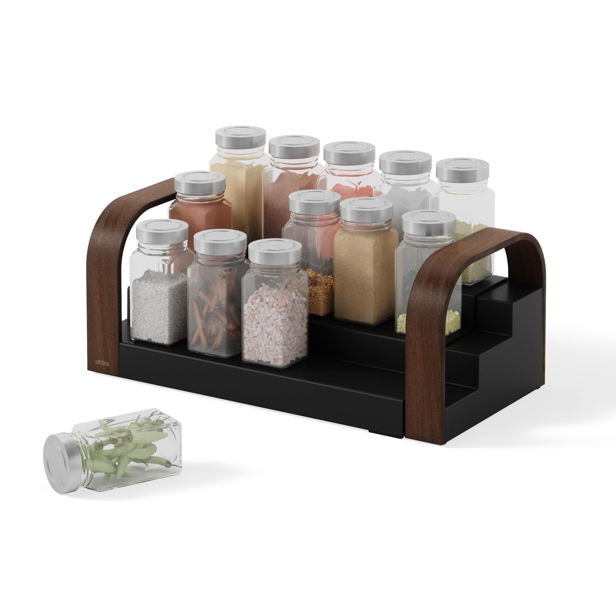 Umbra Bellwood Three-Tier Spice Shelf, Expandable Design Made of Durable Plastic and Wood, Black/Walnut, 12-24 inches (30-61 cm)