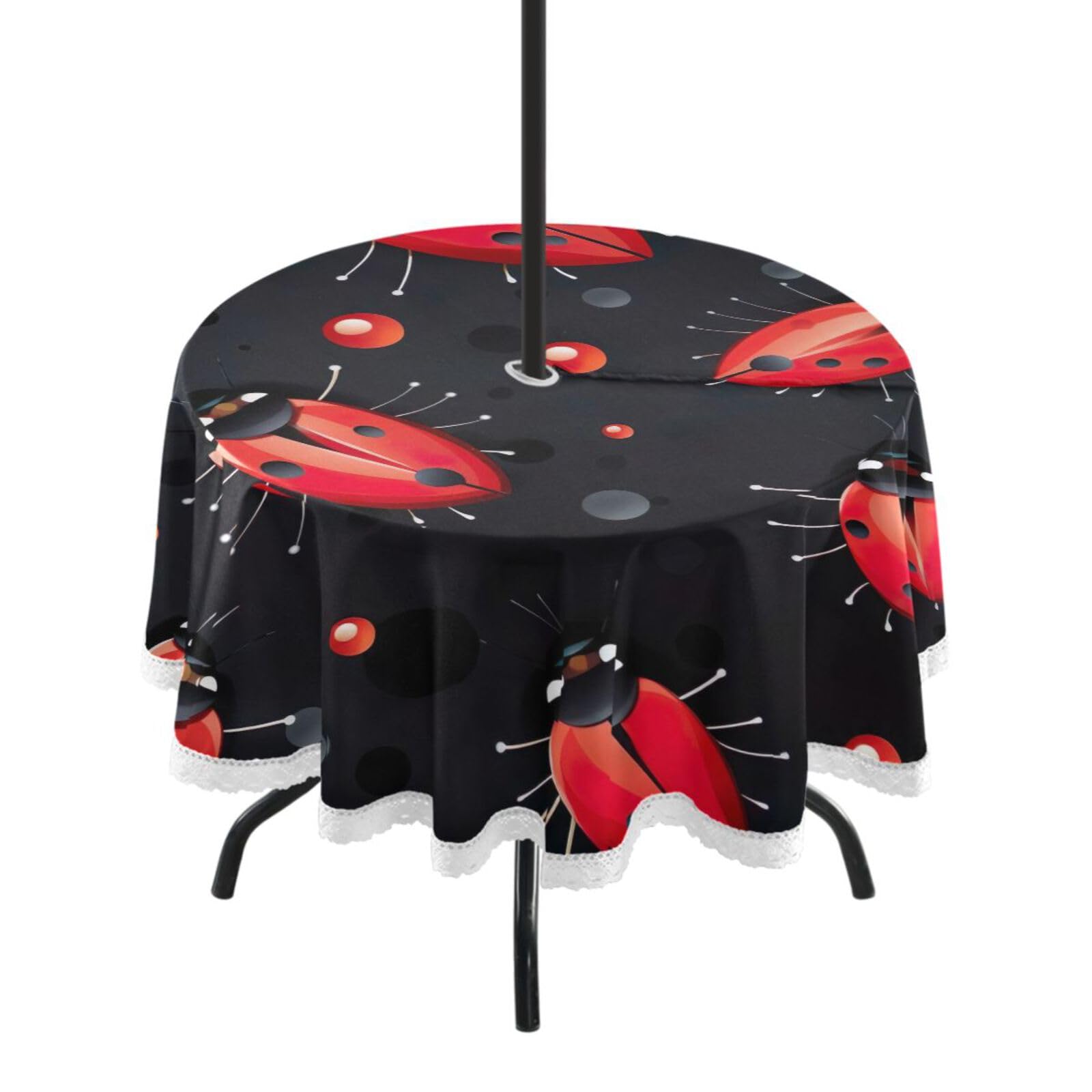 Wajiw 60 Inch Indoor Outdoor Round Tablecloth with Umbrella Hole and Zipper Waterproof Patio Table Cover for Camping Dining Room Party Outdoor Picnic,Ladybugs
