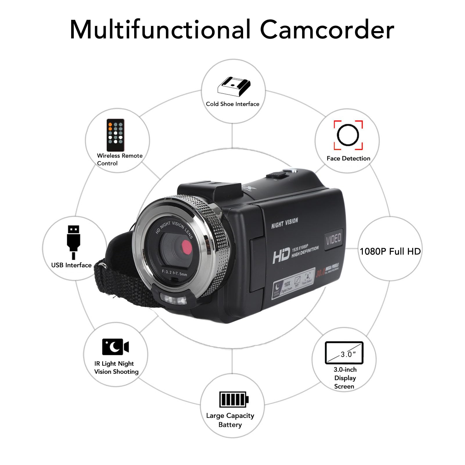 Videocamera Full HD 1080P 30MP, Registrazione Video Digitale Handycam Con Schermo LCD TFT da 3,0 Pollici, Zoom Digitale 16X e Visione Notturna a Infrarossi
