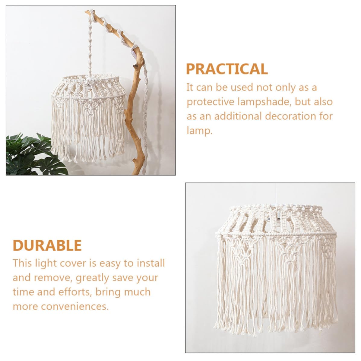 Kichvoe Paralume per Lampada Sospensione in Corda di Cotone Beige Intrecciata, Facile da Installare e Rimuovere, Design Boho Chic per Decorazione Casa e Soggiorno