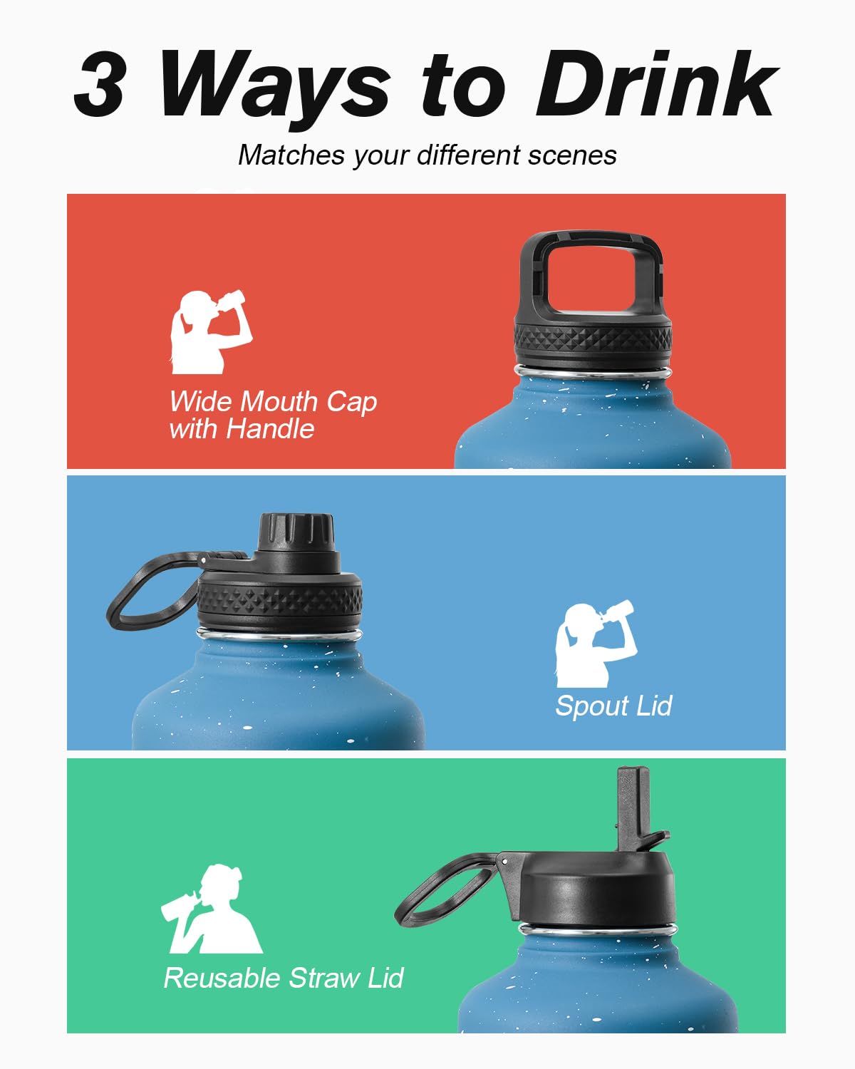 Coolflask Botella de agua de 64 onzas aislada con popote y 3 tapas, jarra de agua de medio galón, termo grande de metal de acero inoxidable para gimnasio, deportes y viajes, mantiene el frío 48 horas