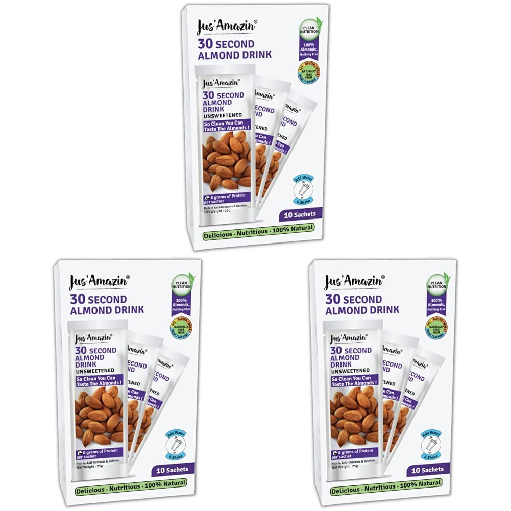 Jus' Amazin 30 Second Almond Drink - Unsweetened (10 X 25g sachets) | Use 1 Sachet to make 1 Glass | Dairy Free Almond Milk, Clean Nutrition, 100% Natural, Keto (Pack of 3)-image-8