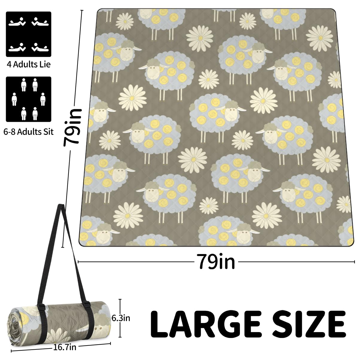 Shimoshe Extra Large Picnic Blankets 79”x 79”, Sheep Daisy Waterproof Foldable Picnic Mat with Straps Portable Beach Blanket for Camping Park Grass Beach Indoor