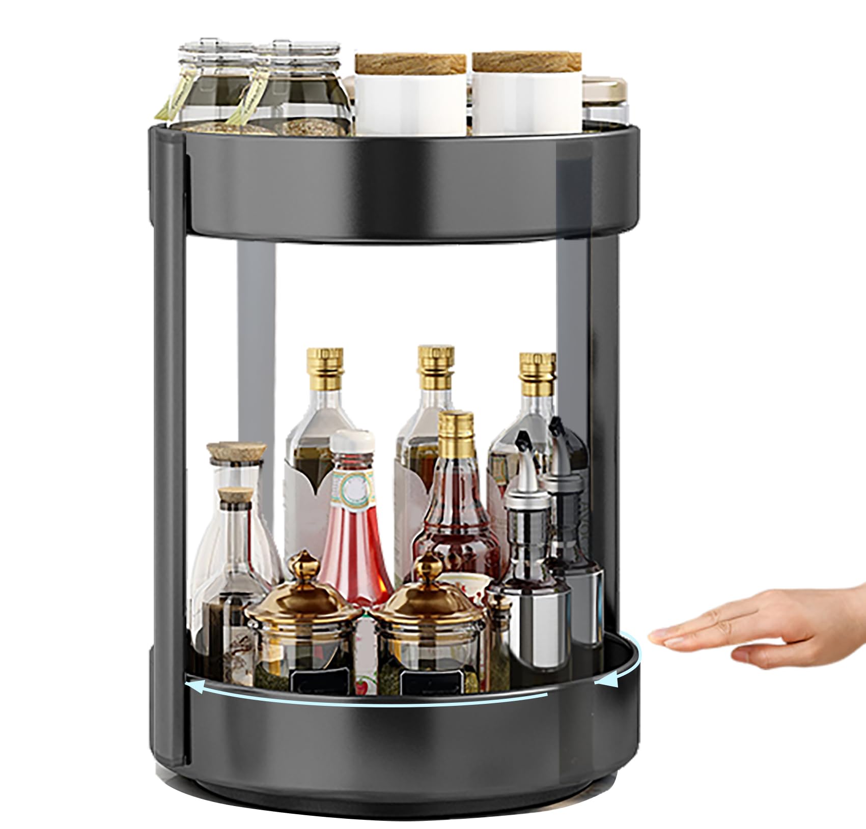 Fineget 2T Large Plus Rotating Spice Rack Organizer Lazy Susan for Turntable Cabinet Kitchen 2 Tiered Spinning Storage Rack Shelf Black Metal