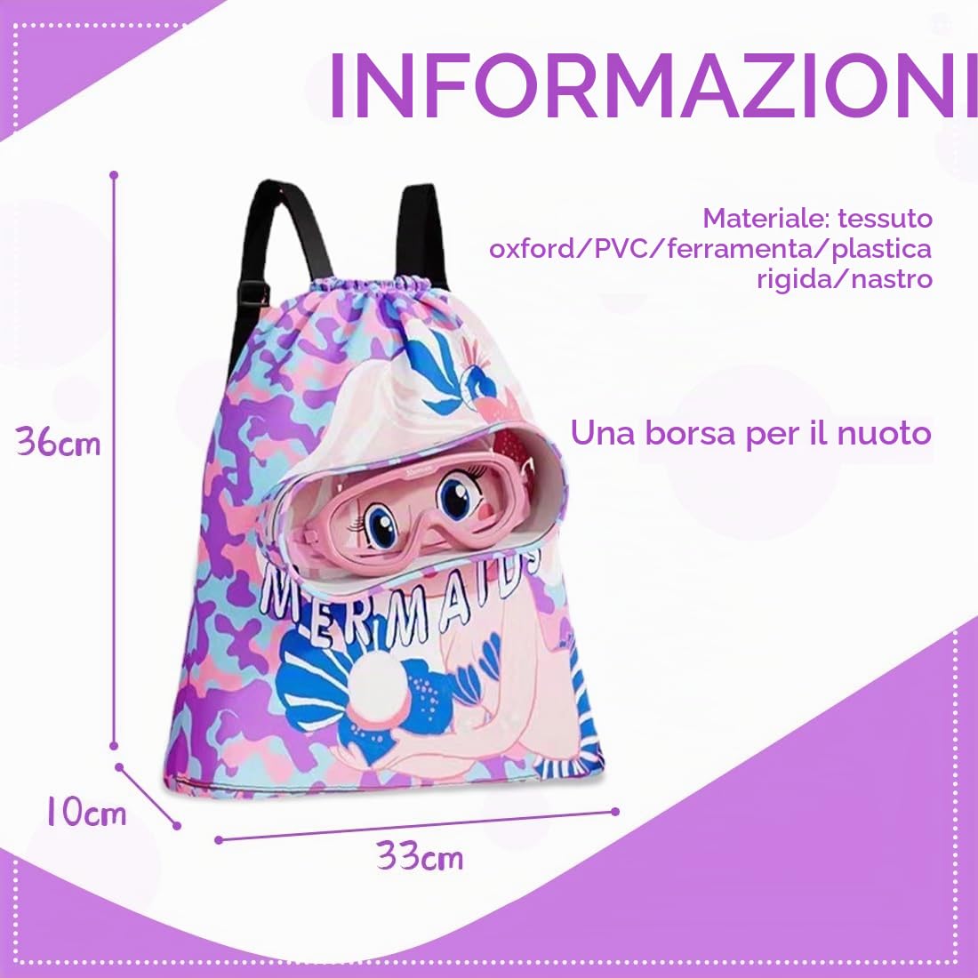 Zaino con Coulisse per Sirena - Sacca Piscina Bambino - Borsone Piscina Bambina - Borsa da Palestra Sportiva per Ragazze e Bambini Borsa per la Spesa da Spiaggia Impermeabile