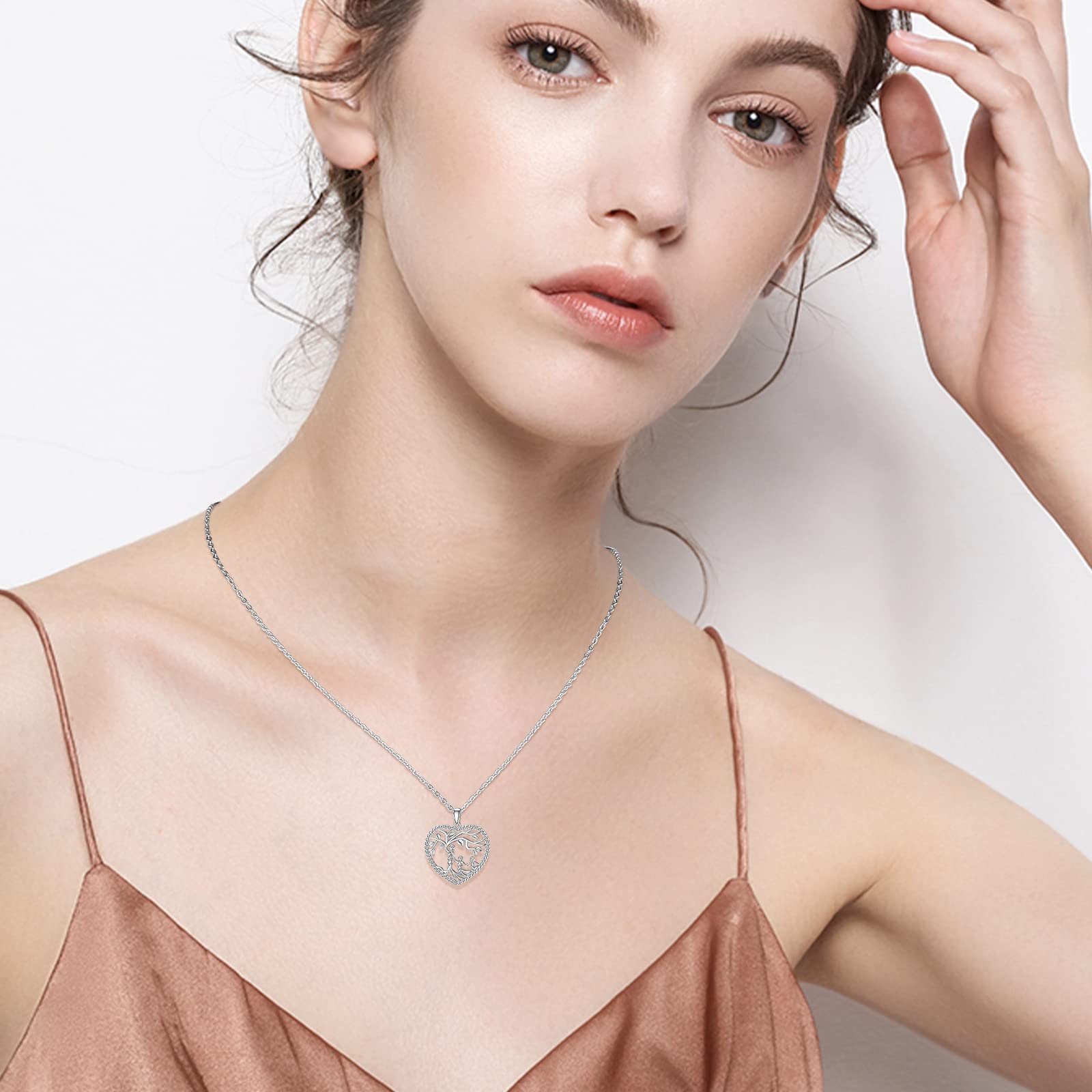 Damen Baum des Lebens Halskette 925 Sterling Silber Mutter Tochter/Sohn Lebensbaum Familie Herz Anhänger Schmuck Geschenke für Mama