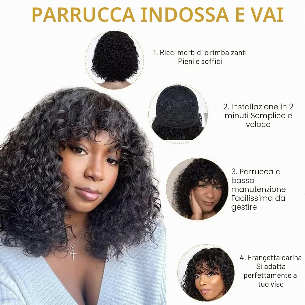 Zealady Parrucca Donna Capelli Umani Reali Bob Corto Con Frangia Nero 14 Pollici