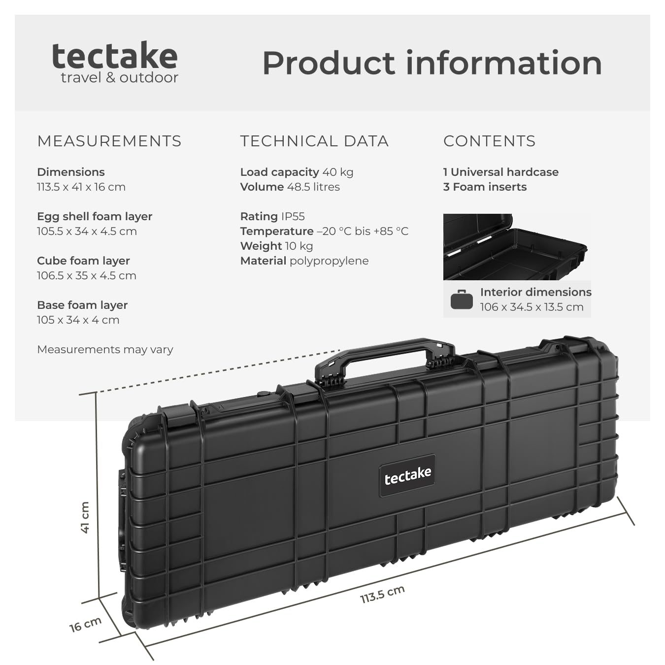 TecTake® Long, Universal Hard Case with 2 Wheels, 3 Foam Inserts, Pressure Valve & Padlock Eyelets, Shock-, Temperature- & Moisture-Resistant - Ideal Camera, Tool & Gun Case - 113.5x41x16cm
