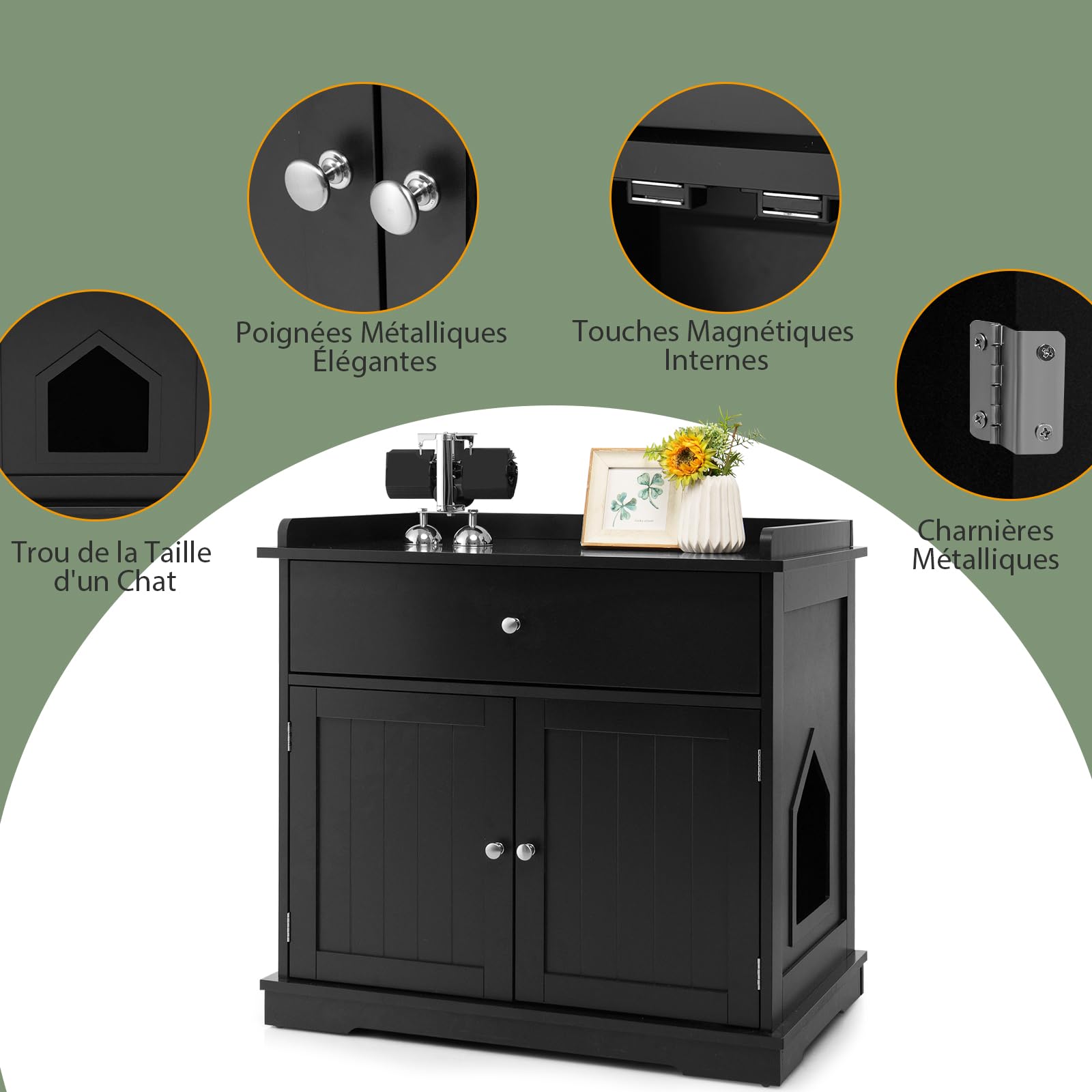 SOARS Maison de Toilette Chat avec 2 Portes et Tiroir, Armoire en Bois pour Chats avec Entrée Latérale, Abri Multifonction pour Salon, Chambre à Coucher et Entrée, 76 x 53 x 74 cm (Noir)