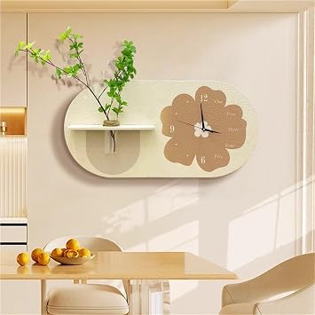 Luxury 3D Sandstone Wall Clock with Hydroponic Vase, Silent Wall-Mounted Clock with Decorative Plant Shelf Accent for Living Room, Bedroom, Office DecorB,60 * 30cm