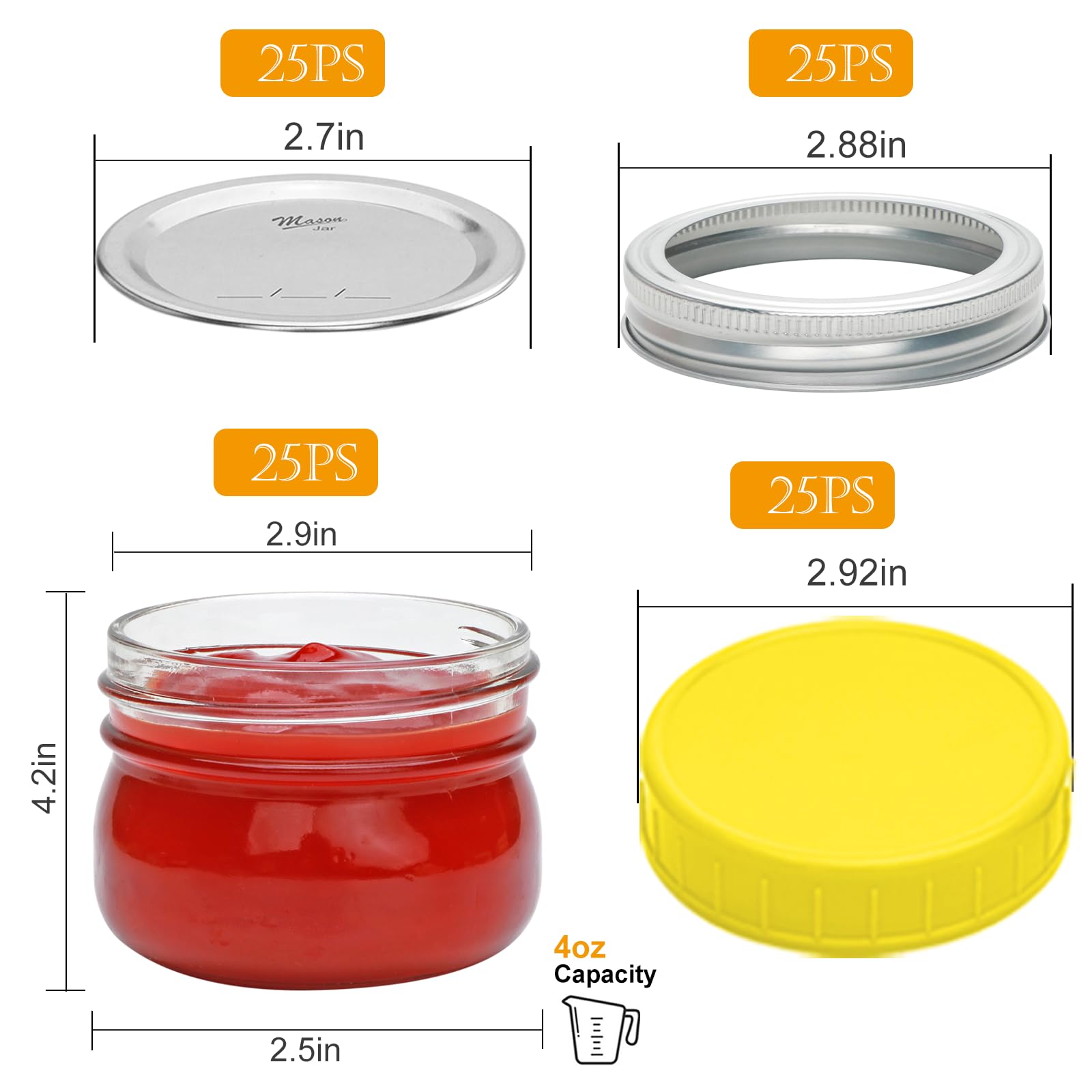 Woaiwo-q Small Mason Jars 4oz 25 Pack, Mini Canning Jars with Regular Lids for Spice, Jam, Honey, Jelly, Dessert, Shower Wedding Favors, DIY Candles Decor