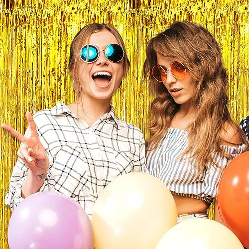 Image of 6 Pack Gold Foil Fringe Curtain Backdrop, 3.28Ft x 8.2Ft Metallic Tinsel Foil Fringe Streamer Curtains for Photo Booth, Christmas Day, Thanksgiving, Wedding, New Year Party Decorations