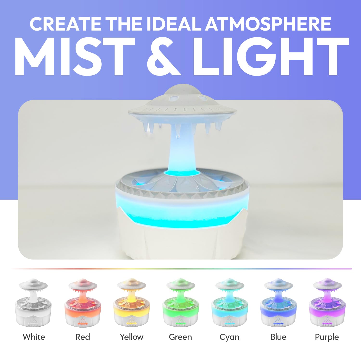 UFO - Humidificador de gotas de lluvia - Blanco - Humidificador de escritorio de aceite esencial para aromaterapia - Difusor de lámpara de escritorio de hongos con aceite de aroma 3