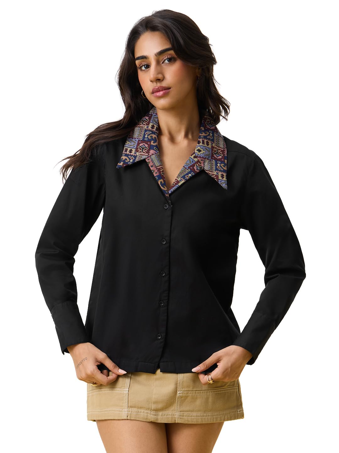 the souled store Vintage Porcelain Women and Girls Full Sleeves Collared Black Solid Cotton Relaxed Fit Breathable Lightweight Everyday Shirt for Casual Wear and Modern Street Style-picture-10