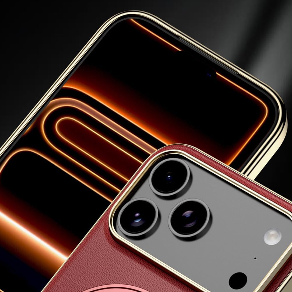 AXUEQIN-Magnetic Case for iPhone 17 Pro Max/17 Pro/17 Air/17, Slim Luxury Electroplate Genuine Leather Cover with Metal Ring Stand (17 ProMax,Red)
