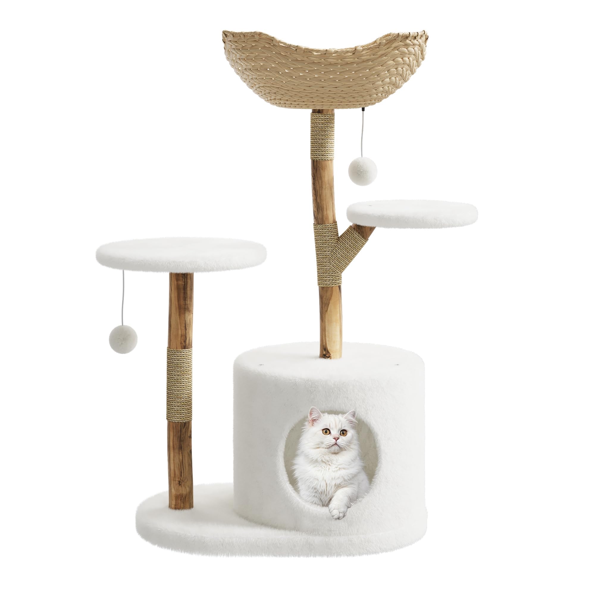Wood Cat Tree Tower, Natural Wood & Rattan Scratching Posts, 59-Inch Cat Furniture with Condo & Woven Basket, Multi-Level Climbing Tree for Large Adult Cats