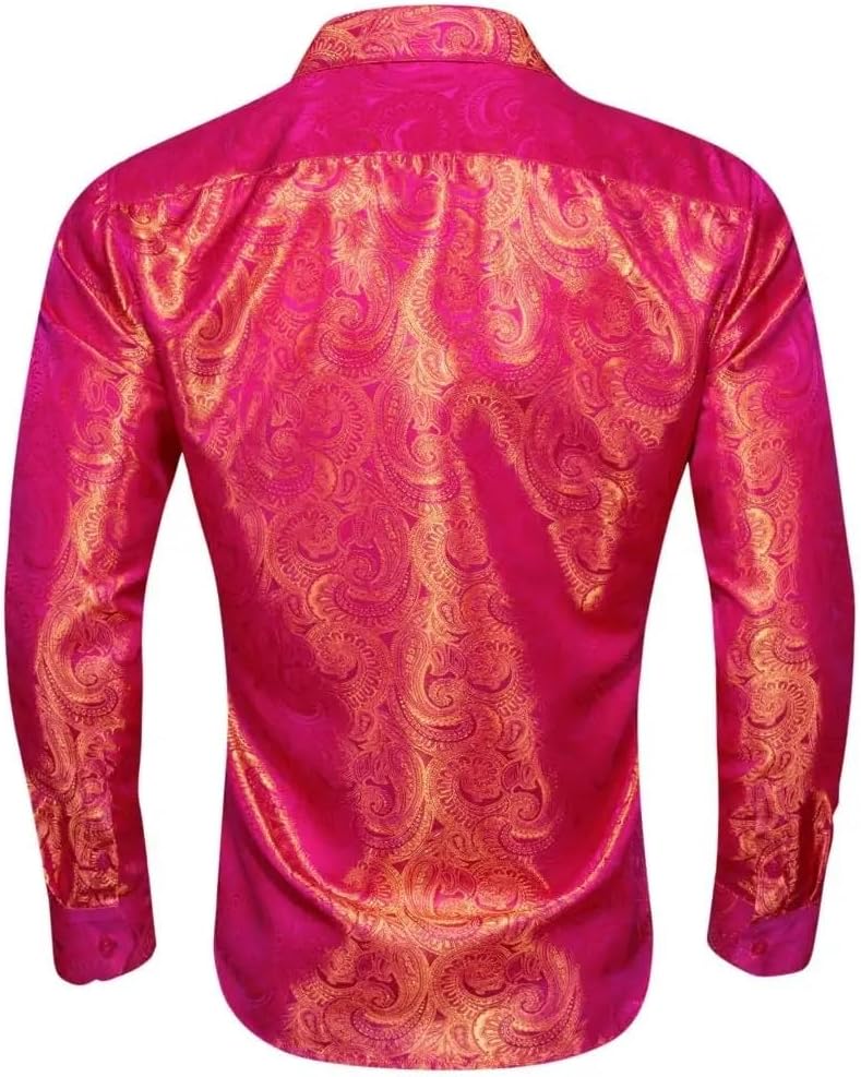 Classic Embroidered Shirts for Men Brown Paisley Silk Lapel Woven Long Sleeve Formal Fit Business Wedding