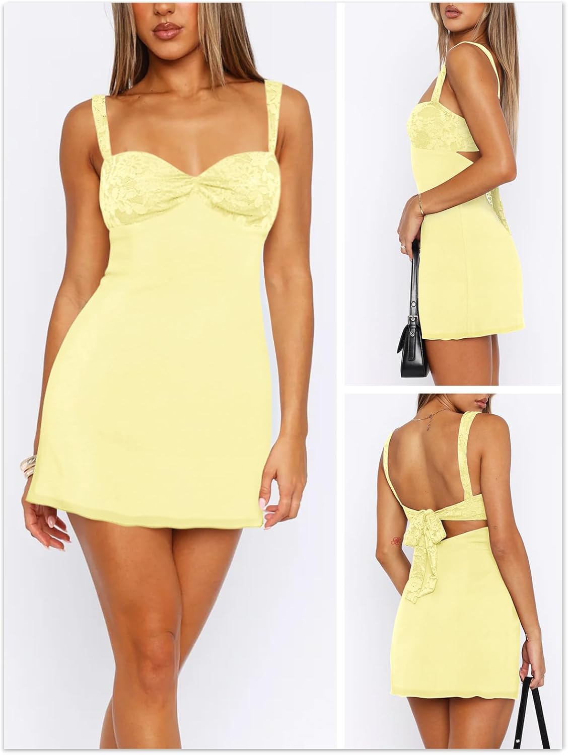 Women's Summer Mini Dresses Sleeveless Sexy Square Neck Lace Splicing Cocktail Party Straps Bodycon Dress - Image 2