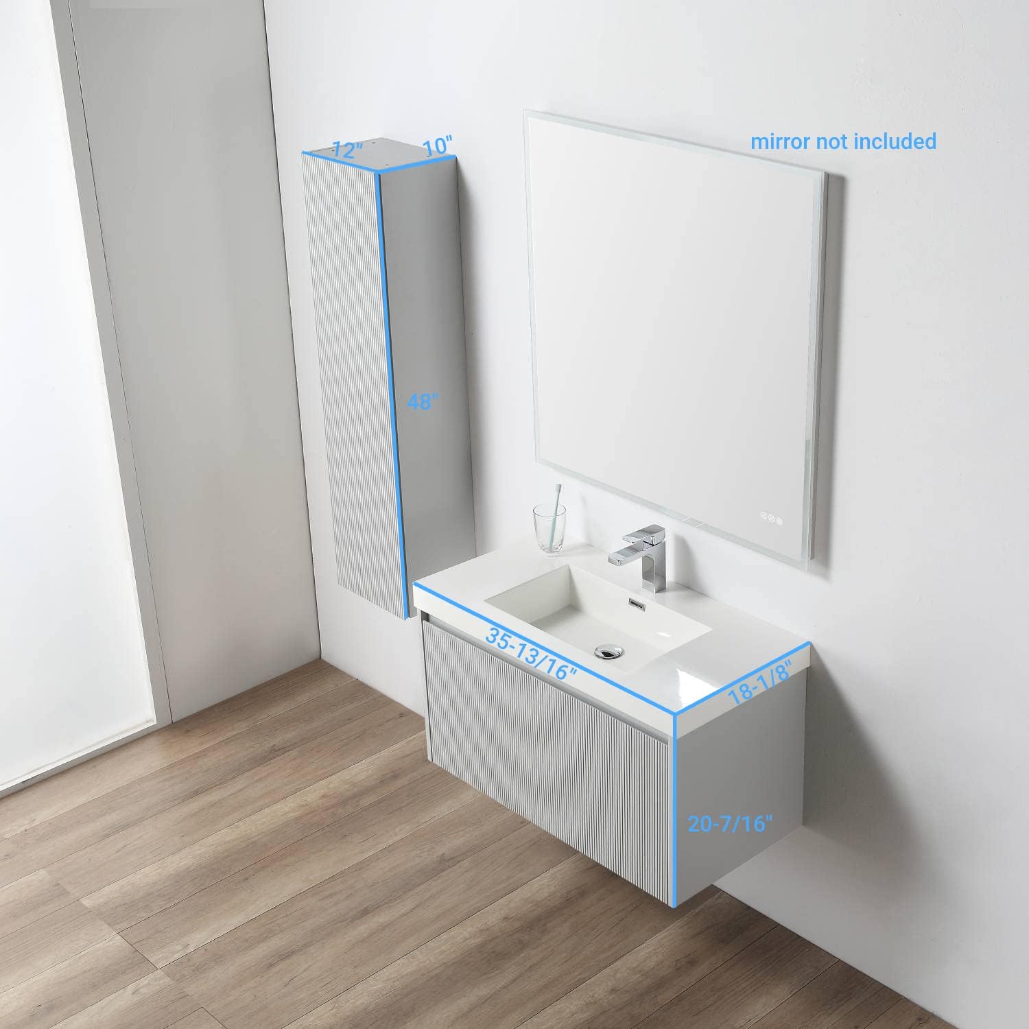 Blossom 36 Inch Floating Bathroom Vanity with Sink and Side Cabinet, All Wood Modern Wall Mounted Bathroom Vanity Set, Light Grey 5-Layer Moisture Resistant Paint, Soft Close Drawers