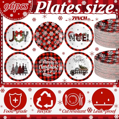 Image of Fourluoo 96 Pcs Christmas Paper Plates Disposable 7 Inch Black and Red Buffalo Plaid Dinner Plates for Xmas Birthday Party Table Decoration Supplies
