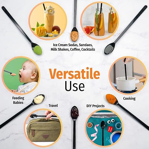 Miniatura 4 de Cucharas largas de plástico – 9 pulgadas – Cuchara de mango largo resistente para agitar, cucharas de café negro – Espresso, cuchara de té helado de