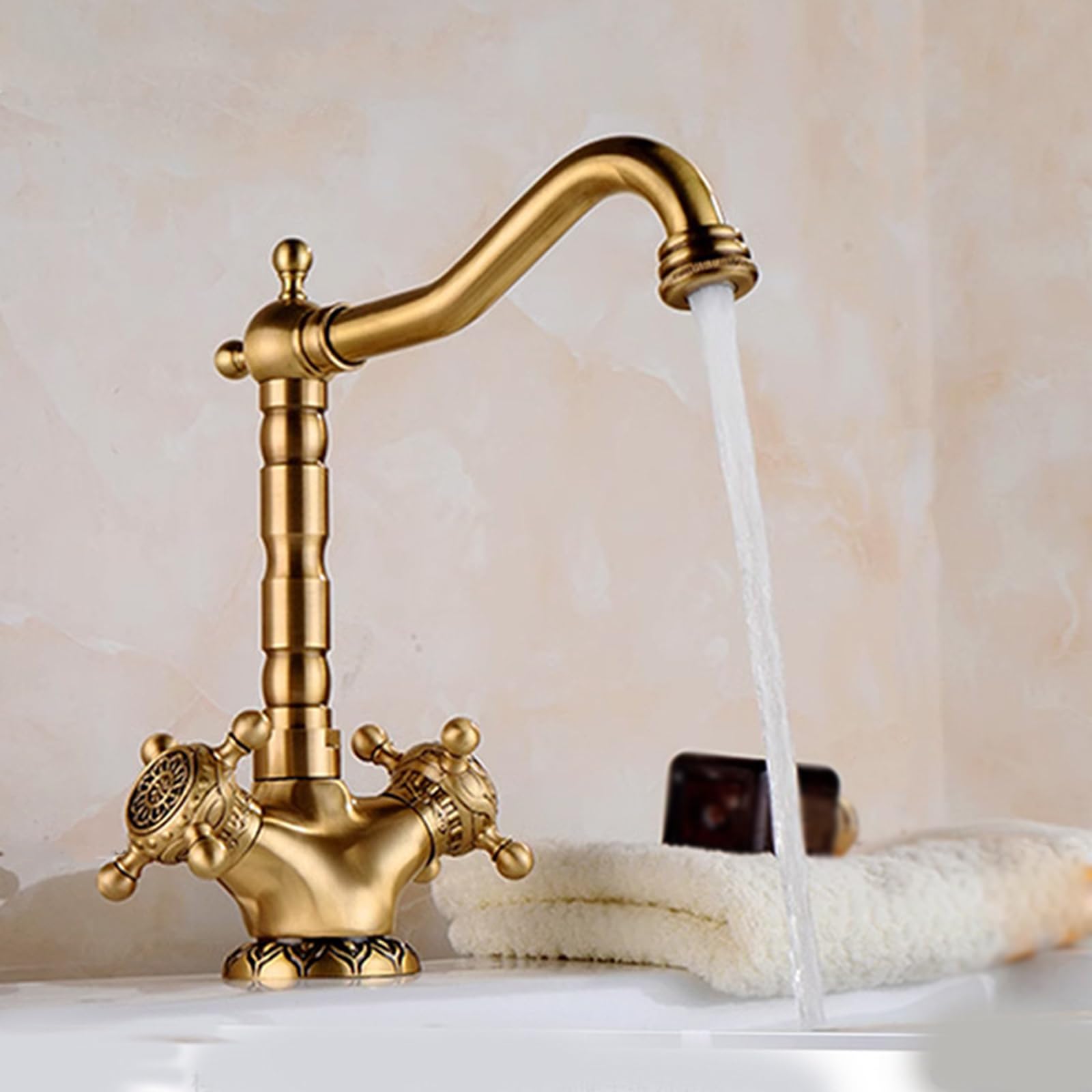 BiaoTeng Grifo de Baño Doble Mando Cruzada Frio y Caliente, de Latón 1 Orificio Vintage Grifo de Lavabo Retro Grifo Baño Antiguo